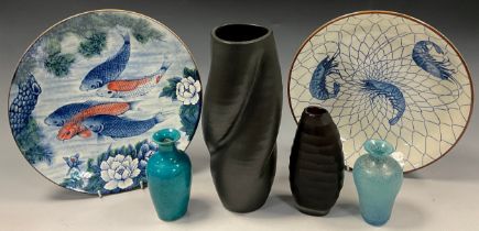 Two Japanese Asahi chargers, decorated with Koi, and netted prawns, marks to verso, the largest 31.