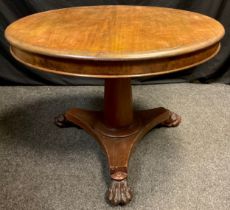 A Victorian mahogany centre table, circular tilt-top, large tapered cylindrical pedestal, tri-form