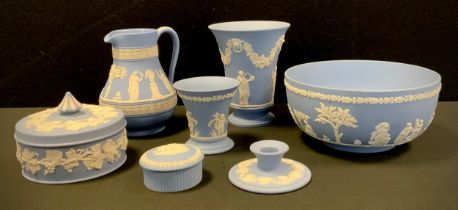 A Wedgwood powder blue jasperware fruit bowl, jug, vase, covered powder bowl, trinket box etc, (7)