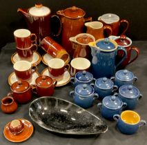 A Poole brown fringe pattern coffee set for six; other pottery includes Denby blue glaze coffee pot,