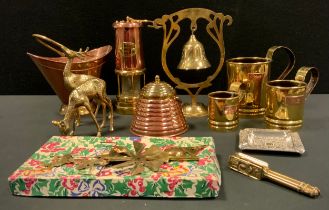 A Hockley Company Colliery Paraffin lamp; Two Brass Reindeers; A Brass bell and ornamental stand;