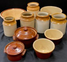 Stone Ware - a small pancheon mixing bowl; Five Salt Glazed Pots; Five Pearson’s of Chesterfield