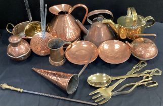 Brass and copper - Copper ewer, 24cm, pair of copper dishes,20cm dia, Chinese style tea pot; etc