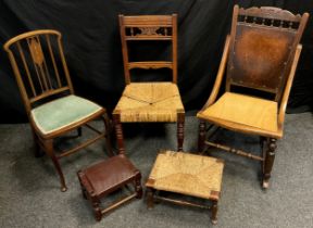 A Victorian oak rush-seated chair; 19th century oak rush top stool; rocking chair; Edwardian