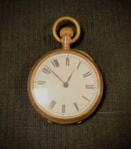 A yellow metal cased open face pocket watch, white enamel dial, bold Roman numerals, stem wind