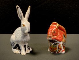 Royal Crown Derby Paperweights - Red Squirrel, gold stopper; Starlight Hare, gold stopper (2).