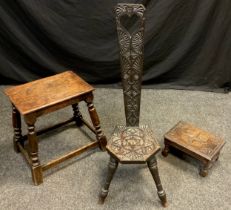 A 19th century chip-carved spinning chair, turned legs, 93cm high; 19th century oak stool; etc, (3).