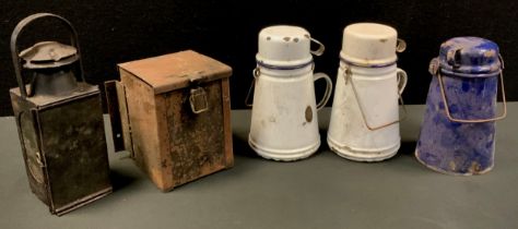 Railwayana - a BR 8603 hand lamp, honesty box, enamelled coffee pots with cup lids etc