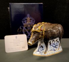 A Royal Crown Derby paperweight, The Wild Boar, Pre-Release signature edition for Goviers, printed