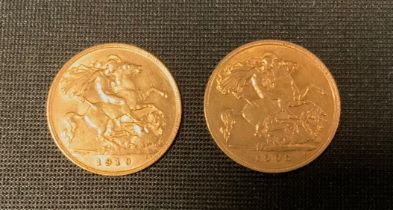 An Edward VII half sovereign, 1908, another 1910, both London mint, 8g gross (2)