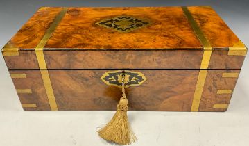 A Victorian walnut brass bound writing slope, fitted interior, tooled leather writing surface,
