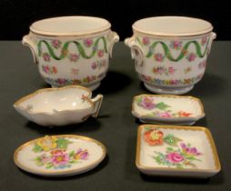 A pair of Dresden porcelain planters, decorated with Roses and Ribbon swags, moulded handles,