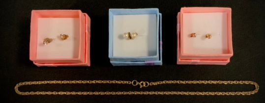 A pair of diamond stud earrings, approx 0.08ct, 9ct gold mounts; 9ct gold necklace; pair of cultured