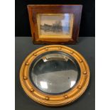 A late 19th/early 20th century rosewood frame, framing a etching ; a Regency style convex mirror (2)