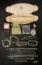 Jewellery - silver oval locket, bracelets, dress rings, necklaces, etc, 96g gross, other beads,