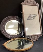 A group of three 20th century mirrors including carved wooden rectangular mirrors, 73cm x 33cm;