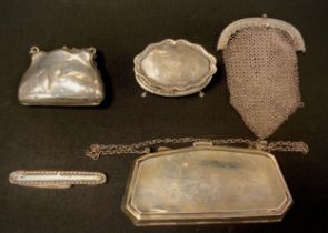 A silver Evening purse, marks worn, another smaller, Edwardian silver oval trinket box and cover,