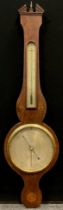 An early Victorian mahogany wheel barometer, architectural pediment, case inlaid with shell