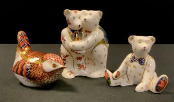 Royal Crown Derby Paperweights - Bear Hug, and seated bear; Wren, (3).