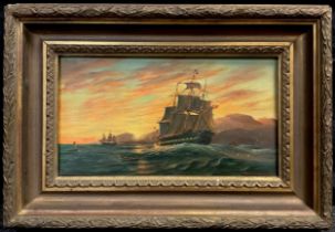 William Anderson, 20th century, twilight sails along the coast, signed, oil on canvas, 15cm x 46cm.