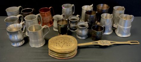 Metalware - 19th century pewter ale cups, others later, silver plate, brass chestnut roaster etc