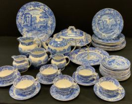 A Spodes Italian pattern blue and white dinner and tea set inc two lidded tureens, bread plate,
