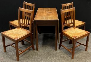 A set of four 19th century oak dining chairs, drop-in woven rush seats, tapered square legs, 88.