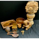 Treen including; 19th cutlery tray, carved table centre-piece - basket of flowers on a pedestal
