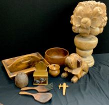 Treen including; 19th cutlery tray, carved table centre-piece - basket of flowers on a pedestal