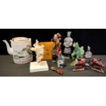 A carved jade effect glass tang horse; Chinese teapot, wooden and other figures, Han Warrior figure,