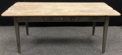 A rustic pine plank-top table, the base painted grey, single short drawer to frieze, 73.5cm high x