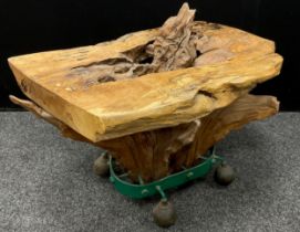 A craftsman made rustic coffee table, Spalted Ash wood top, tree root base with metal foot, 48cm