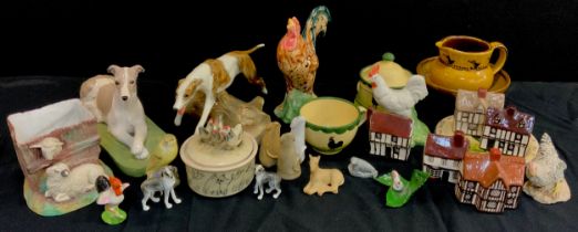 Ceramic animals including; a racing greyhound, 13cm high, another in plaster, a set of three