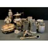 Metal ware - a cut glass plated oil lamp reservoir, 1930’s cocktail shaker, pewter tankards; etc
