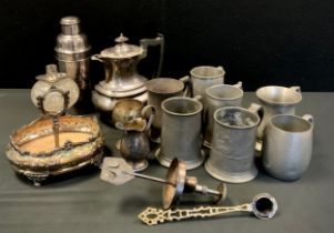 Metal ware - a cut glass plated oil lamp reservoir, 1930’s cocktail shaker, pewter tankards; etc
