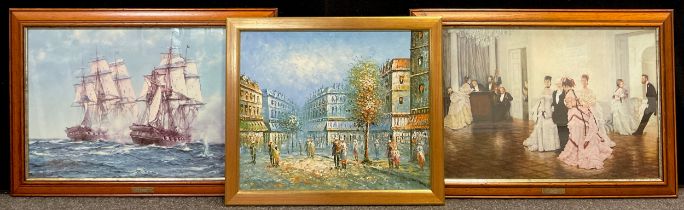 Caroline Burnett, Parisian Street Scene, oil on board, 51cm x 61cm; Montague Dawson, after, The