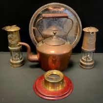 A pair of Ecthomas and Williams Cambrian miners lamps, 47326 and 46754; copper kettle etc