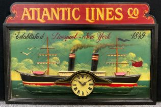A novelty wall clock, as an Advertising sign ‘Atlantic Lines Co.’ Liverpool to New York, 67.5cm high