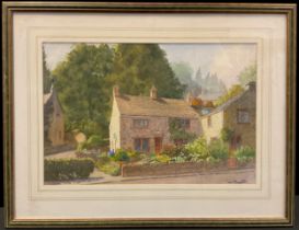 Larry Feathers, Cottage on The Green, Grindleford village, signed, watercolour, 37cm x 55cm.