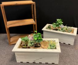 A pair of rectangular painted pine planters, 32.5cm high, 83cm long, 41cm wide; a rustic two tier