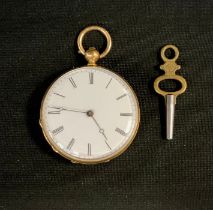 A 19th century 18ct gold cased open face pocket watch, 34mm diameter case, white enamel dial,