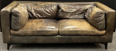 A modern, mid 20th century style, deep green/brown leather sofa, 71cm high x 185cm wide x 84cm deep.