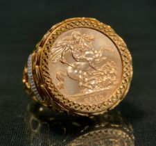 A diamond mounted sovereign signet ring, 2003, London mint, 9ct gold shank, size U/V, 13.7g gross,