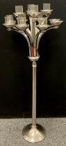 A floor standing polished chrome twelve branch candelabrum, tealight holder, 110cm high, 45cm