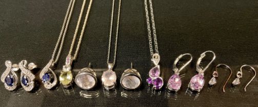 A 925 silver Rose De France Amethyst pendant necklace and earrings suite, another sapphire and Cz,