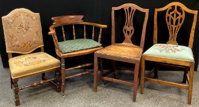 A 19th century stained Beech wood smoker’s bow armchair; a George III Elm and oak splat back