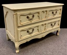 A Louis XV style bijou chest of drawers, two long drawers, shaped panel sides, cabriole legs with