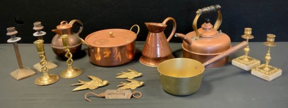 Copper and brass - 19th century candlesticks, weighted bases, 15cm, copper kettle, preserve pan; etc