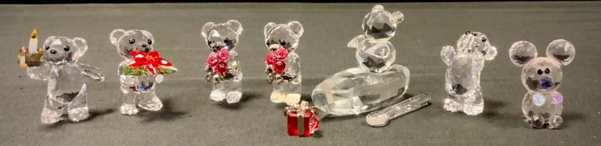 Swarovski and other Crystal - two Teddy bears each with bunch of red roses, others carrying a