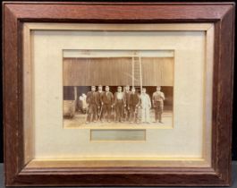 A late 19th / early 20th century cabinet photograph, Hucknall Torkard Colliery workers, 34cm x 41.